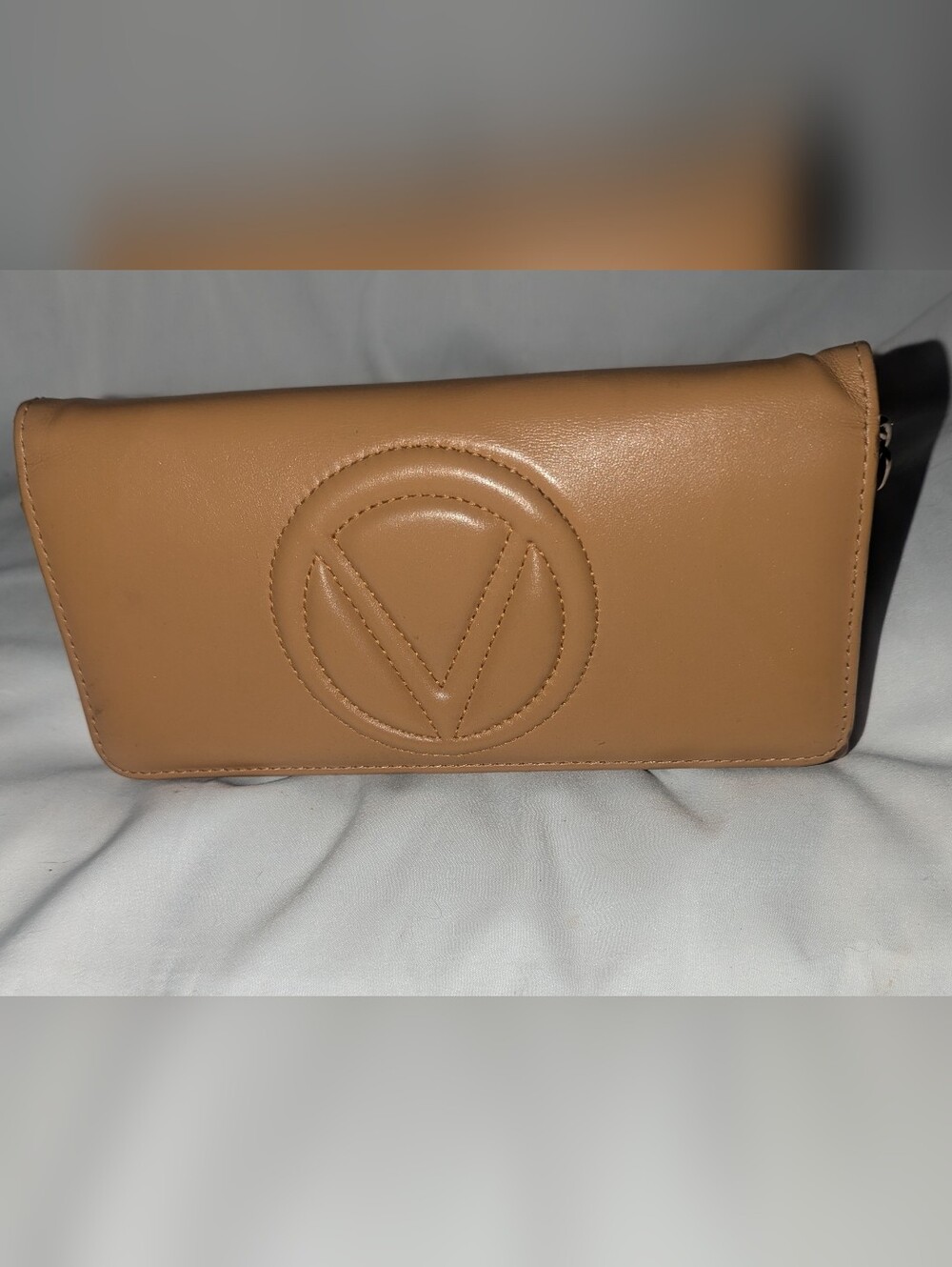 Mario Valentino Tan Leather Flap Wallet with Embossed Circular V Logo Gold Chain